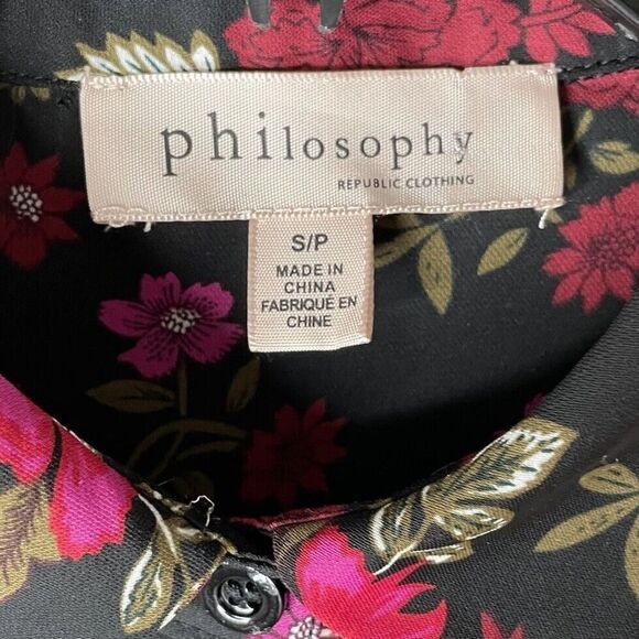 PHILOSOPHY Top Womens Small Black Red Floral Long Sleeve Button Front Blouse - Picture 9 of 11
